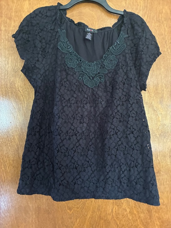 Style & Co. Tops - Style & Co. Black Lace Short Sleeve Top with Embroidered Neckline